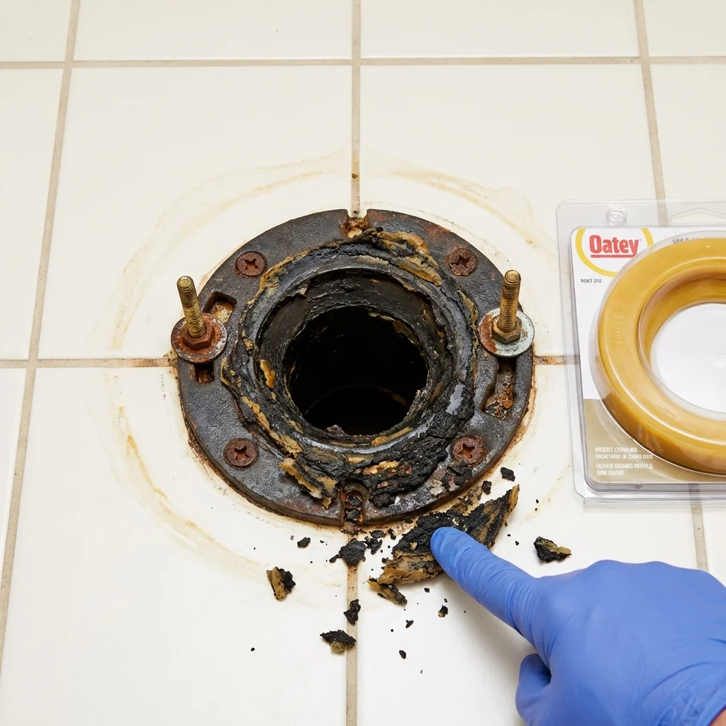 Failed wax ring showing water seepage at the base of a toilet in a Milan, NH home