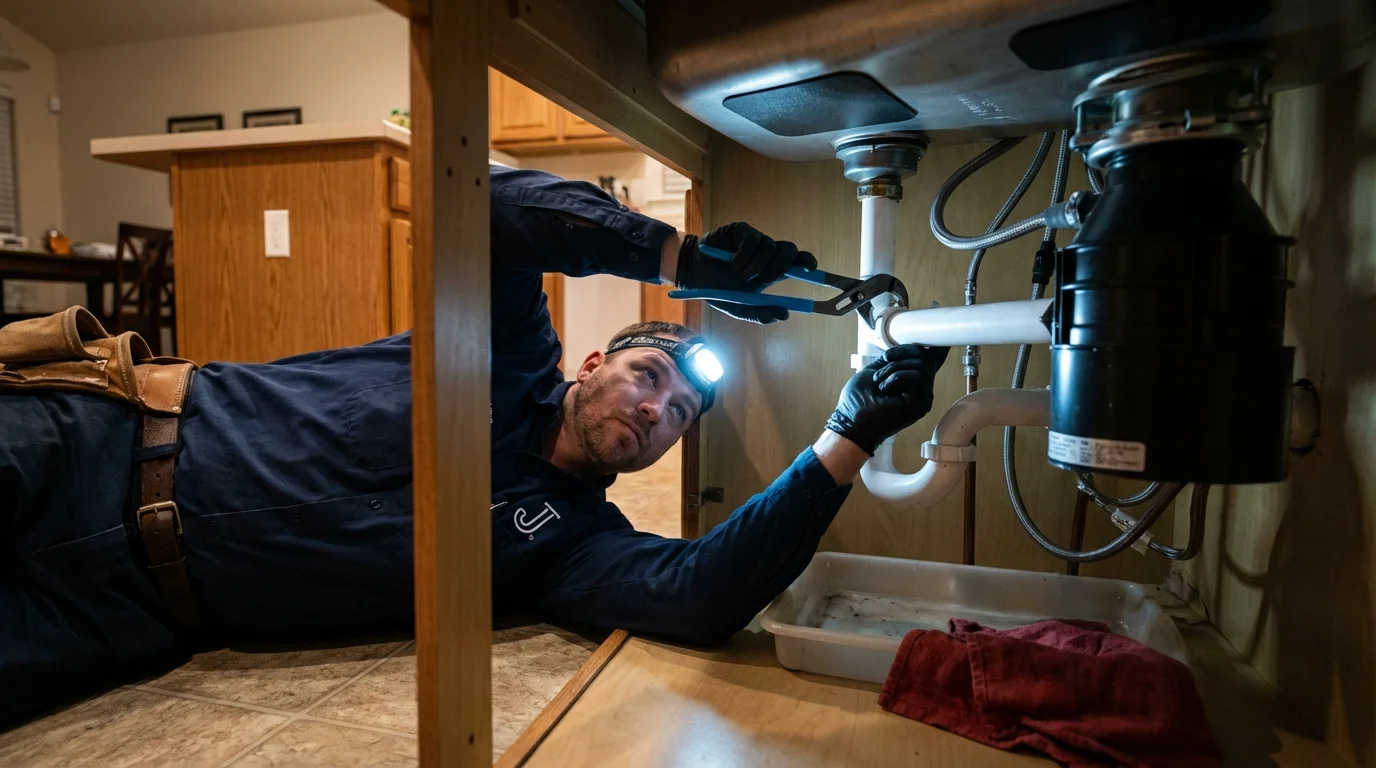 P-trap and supply line connections under a kitchen sink showing a common leak point in Milan, NH